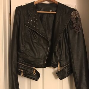 Leather Jacket with Zippers, Studs, and Beads